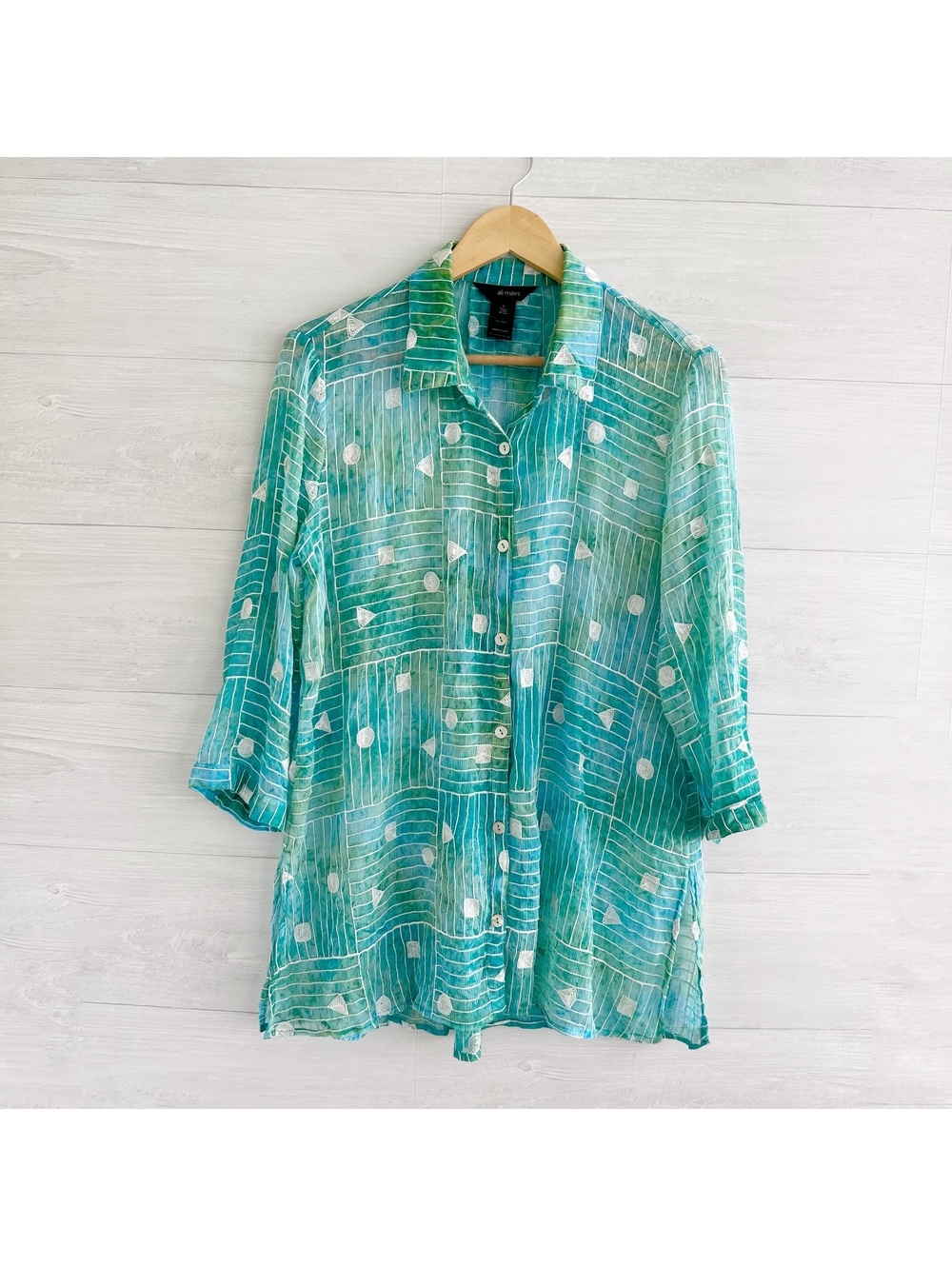 Ali Miles Sheer Embroidered Tunic Blouse L Green Blue Button Up Artsy Boho